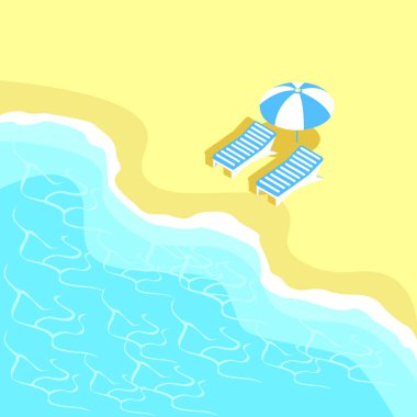Sahilde minimalist bir şekilde Isometric güverte sandalyesi ve şemsiye. Yaz eğlencesi ve eğlencesinin temsilcisi. Yaz eğlencesinin renkli görüntüsü.