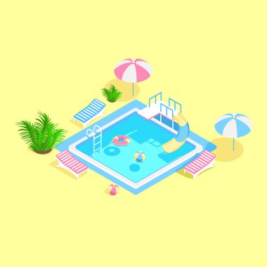 Merdiveni ve temiz suyu olan Isome yüzme havuzu. Yaz tatilinde havuz kenarında. Yaz eğlencesinin renkli görüntüsü. 
