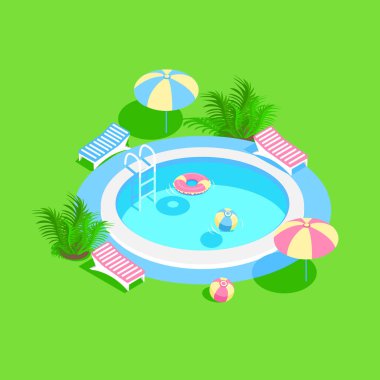 Merdiveni ve temiz suyu olan Isome yüzme havuzu. Yaz tatilinde havuz kenarında. Yaz eğlencesinin renkli görüntüsü. 