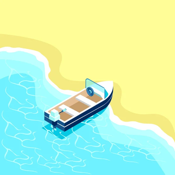 Izometryczna Motorówka Plaży Morzu Czystą Wodą Wektorowa Ilustracja Letniej Rekreacji — Wektor stockowy