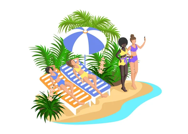 和那些在日光浴室里晒日光浴 和冲浪板一起游泳 女孩子们自慰 人们晒日光浴和放松的人在一起的等量背景海滩 矢量图解 在海滩上的暑假 — 图库矢量图片