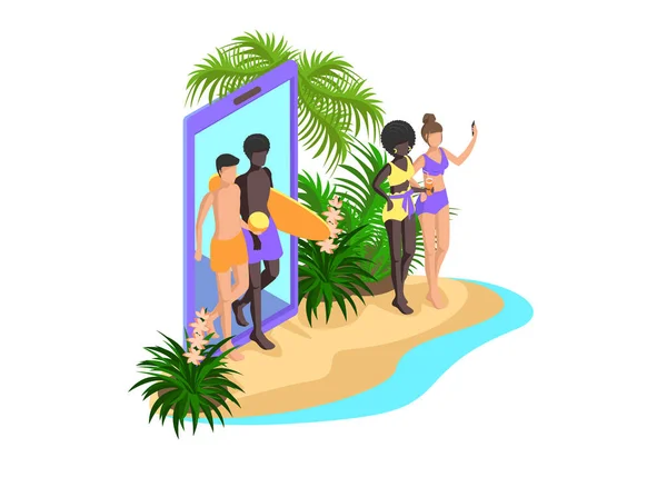 人のサンラウンジャーで日光浴 サーフボードと一緒に泳ぎに行く人とアイソメトリックバックグラウンドビーチ 女の子は自己撮影 人々は日光浴やリラックス ベクトルイラスト ビーチでの夏休み — ストックベクタ