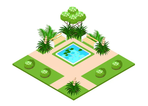Parque Público Con Árboles Arbustos Senderos Estanque Vista Isométrica Ilustración — Vector de stock