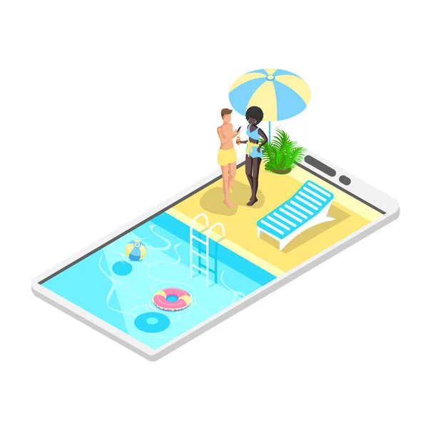 Piscine Isométrique Avec Escalier Eau Propre Dans Smartphone Vacances Été — Image vectorielle