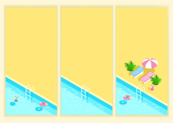 Изометрический бассейн с лестницей и прозрачной водой. Летние каникулы у бассейна. Красочный образ летнего веселья. Векторный набор фонов.