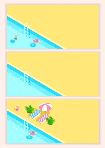 等距游泳池 有楼梯和透明的水 在游泳池边的暑假五彩斑斓的夏日欢乐景象 一系列背景资料 — 图库矢量图片