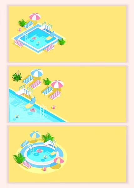 階段と透明な水で等温スイミングプール プールで夏休み 夏の楽しみのカラフルなイメージ 背景のベクトルセット — ストックベクタ
