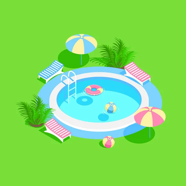 階段と澄んだ水とアイソメトリックスイミングプール プールで夏休み 夏の楽しさのカラフルなイメージ — ストックベクタ