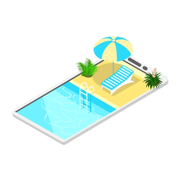 階段とスマートフォンのきれいな水とアイソメトリックスイミングプール プールで夏休み ベクトル縦図 — ストックベクタ