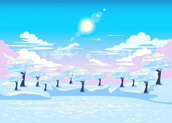 キャンディ バニラ ピンクと青の色で冬の風景の背景ベクトルイラスト 雲の中にバニラの空 明るい冬の太陽 雪の中で木 冬の自然 — ストックベクタ