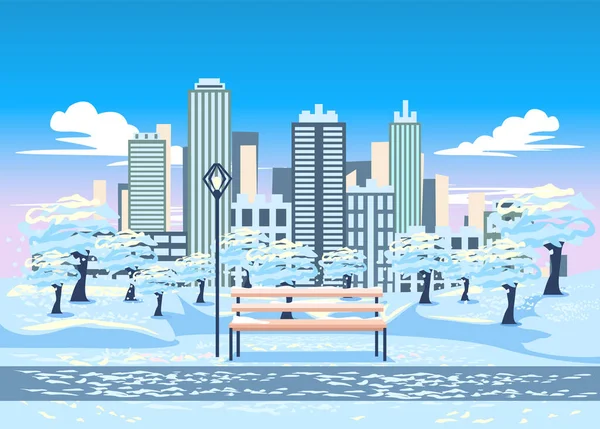 大都市を背景に ベンチ ランタンのある冬の都市公園 素晴らしい冬と大都市の降雪 ベクトルフラットスタイルイラスト — ストックベクタ