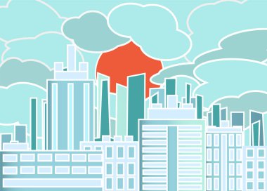 Bulutların içindeki şehir Japon tarzında turuncu güneşin arka planına karşı. Mavi ve turuncu renk düz minimalist tarzda bir vektör çizimi.