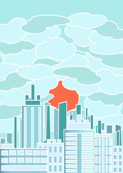 Cidade Nas Nuvens Contra Fundo Sol Laranja Estilo Japonês Cor —  Vetores de Stock