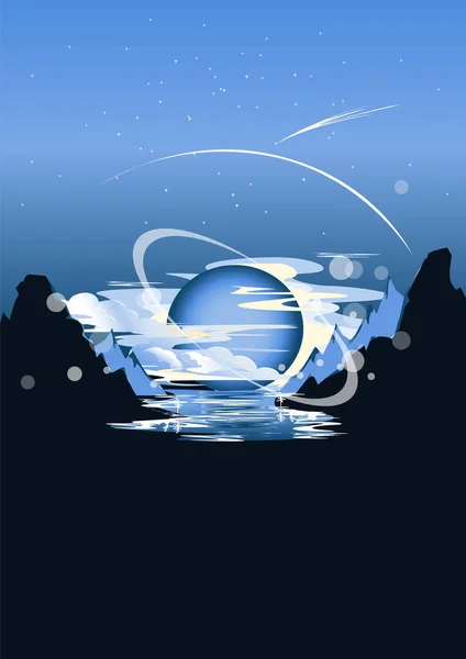 雲の中の惑星と青い色の未来的な宇宙の夜の風景は 山の背景に水に反映されます 縦型ポスターベクトルイラスト — ストックベクタ