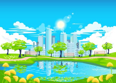 Gökdelenleri olan büyük bir şehrin arka plan vektör çizimi, gölü olan şehir parkı, gündüz vakti suya fenerler ve banklar yansıtılır.