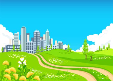 Country road to the big city. Vector illustration of a summer landscape with a road, skyscrapers, yellow dandelions and blue sky in the clouds. clipart