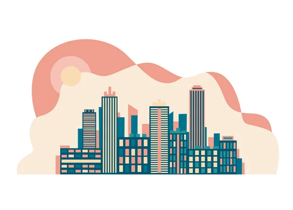 超高層ビル 太陽をシンプルなモダンなスタイルで抽象的な昼間の都市景観のベクトル水平イラスト — ストックベクタ