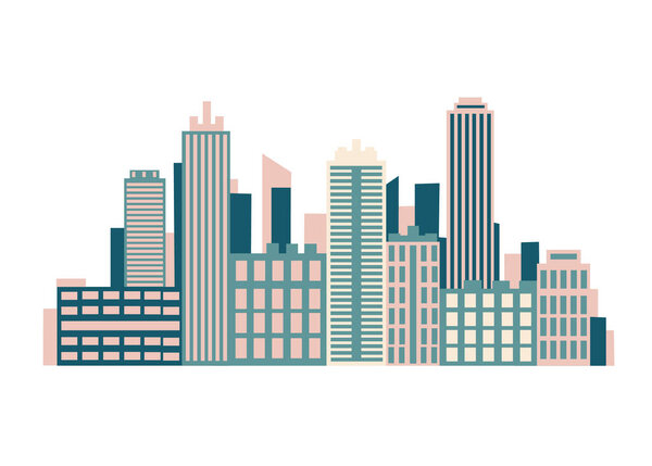 Vector horizontal illustration of abstract daytime city landscape with skyscrapers, mountains and sun in simple modern style