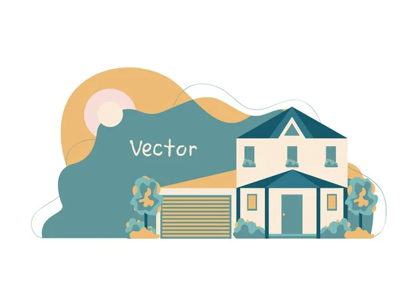 Sfondo Orizzontale Vettoriale Casa Carina Con Garage Montagne Sole Semplice — Vettoriale Stock