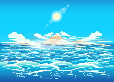 Mirage in the ocean with waves and a non-existent island on the horizon. Surreal vector illustration. clipart
