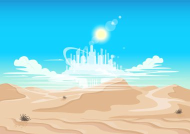 Sıcak ve güneşli çölde bir serap, bulutların arasında bir kale görünür. Gerçeküstü masal vektör çizimi.