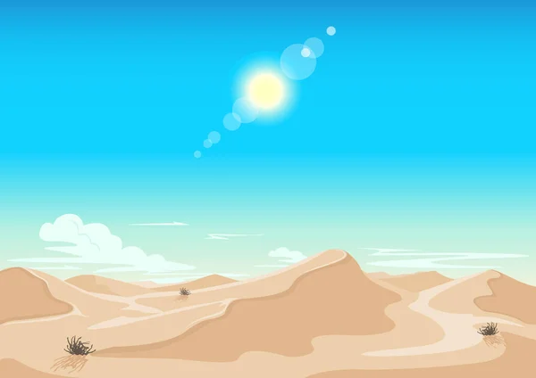 Homokos Sivatag Kék Fényes Nap Felhők Horizonton Tájkép Vízszintes Háttér — Stock Vector