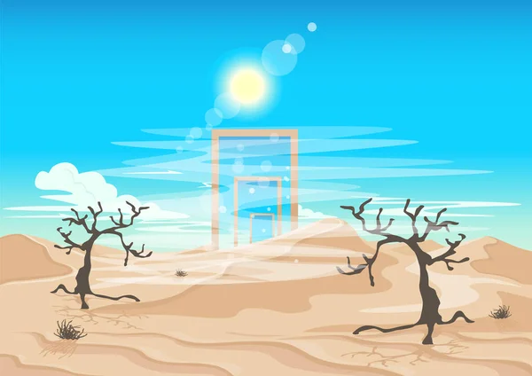 Mirage Portal Desierto Caliente Con Árboles Muertos Surrealista Con Puertas — Vector de stock