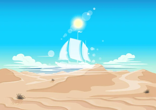 炎热而阳光灿烂的沙漠中的海市蜃楼 帆船和云中的大海都清晰可见 超现实童话故事矢量插图 — 图库矢量图片