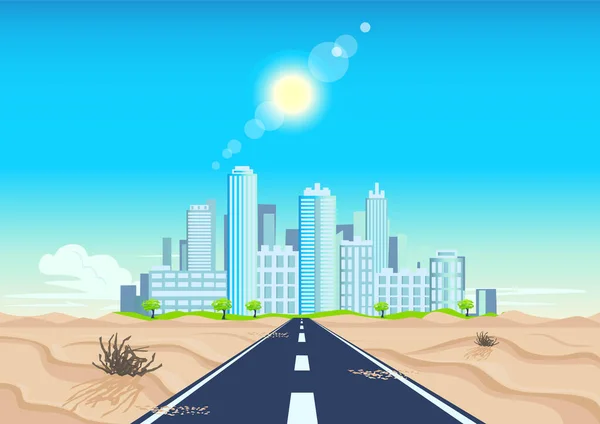 Sfondo Vettoriale Illustrazione Una Strada Asfaltata Nel Deserto Che Conduce — Vettoriale Stock