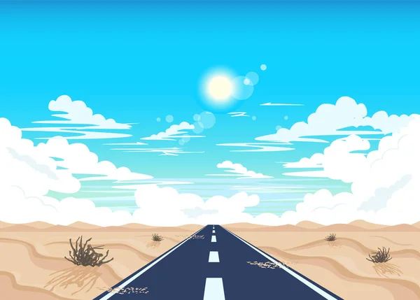 沙漠中的一条柏油路 在蓝天和灼热的阳光的映衬下 在沙地和干枯的植物之间 矢量景观背景 — 图库矢量图片