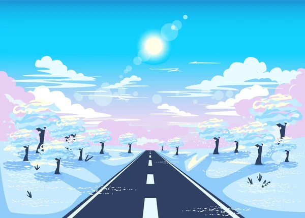 パステルカラーの冬の風景を背景にした道路のベクトルイラスト 冬の晴れた日 雪の中の木 道路のイメージを背景に — ストックベクタ