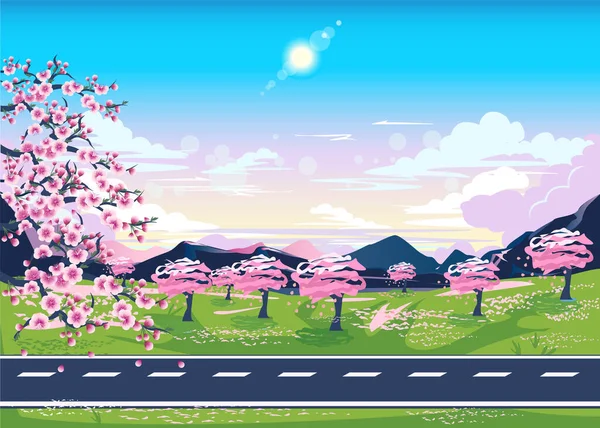 Illustration Vectorielle Une Route Sur Fond Verger Cerisiers Fleurs Montagnes — Image vectorielle