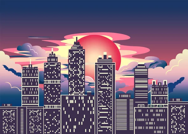 夜は大都市 赤い月とふわふわの雲と未来的な風景 夜の幻想的な風景のベクトルイラスト — ストックベクタ