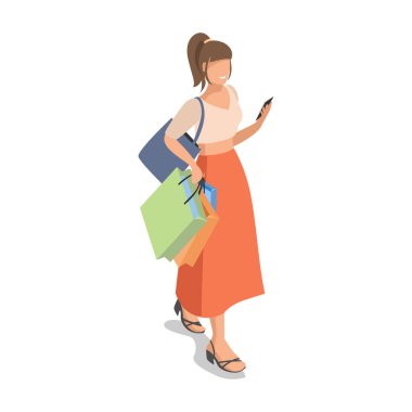 İzometride alışverişi olan mutlu bir kız. İndirim ve satış günü. Vektör illüstrasyonu beyaz arkaplanda izole edildi.