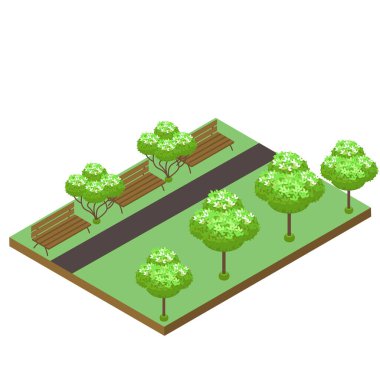 Bankları ve ağaçları olan Isome halk parkı. Beyaz bir arka planda. vektör illüstrasyonu