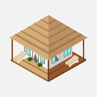 Isometric bungalow with sun loungers on the terrace. Illustration on a white background.