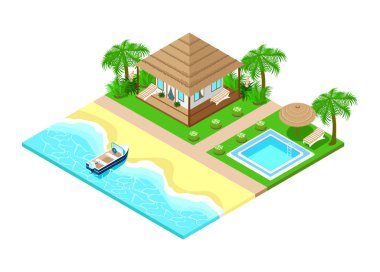 Isometric tropical beach with a cozy bungalow with sun loungers on the terrace, evergreen palm trees, a swimming pool and a moored boat on the seashore. Illustration on a white background.