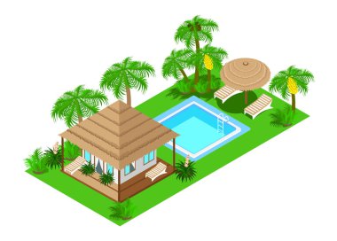 Isometric bungalow with a terrace, a swimming pool, sun loungers, beach umbrellas in a tropical forest with evergreen palm trees and flowers. Illustration on a white background.