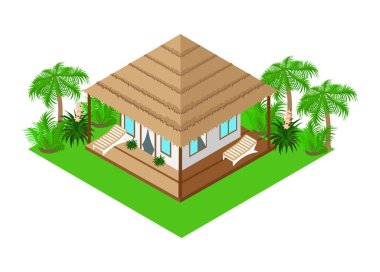 Isometric bungalow with sun loungers on the terrace, in a tropical forest with evergreen palm trees and flowers. Illustration on a white background.