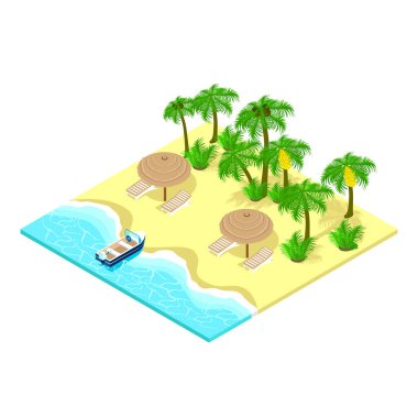 Isometric tropical beach with blue beautiful sea, evergreen palm trees, boat, and beach umbrellas. vector illustration isolated on white background.