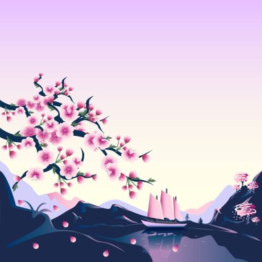 Horizontal vector illustration of a beautiful spring landscape with cherry blossoms, mountains and a sailboat on a lilac background. Background for a spring card or poster.