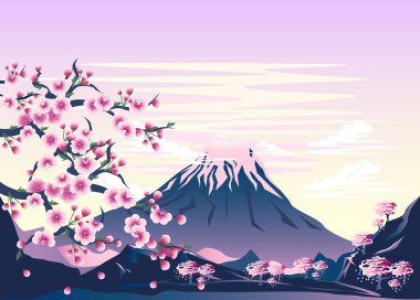 Spring landscape with a blossoming cherry branch, a snow-covered volcano against a background of a vanilla sky in pastel colors. Vector illustration.