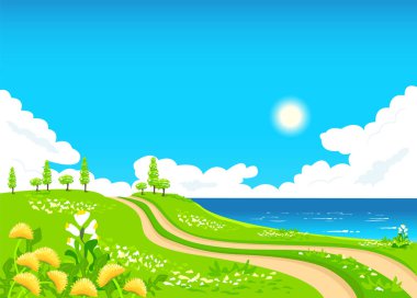 Country road through a flowering meadow along the sea. Beautiful summer landscape in a flat style. Vector illustration.