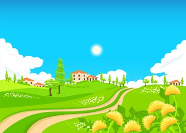 Rural landscape with farms and a country road. Summer in the village. Vector illustration of a farm with cows in a flat style.