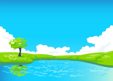 A beautiful landscape with blue sky, clouds, a flowering meadow, a beautiful lake and a tree reflected in it. The earth is beautiful. Take care of the environment. Vector.