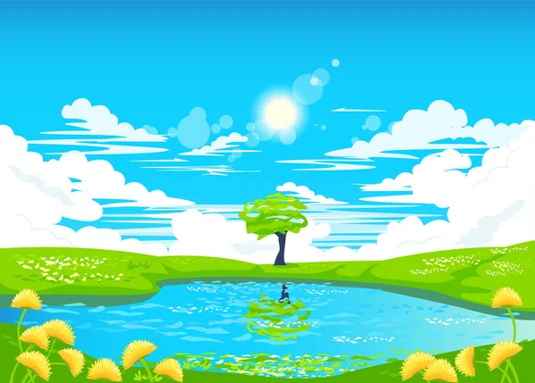 A beautiful landscape with blue sky, clouds, a flowering meadow, a beautiful lake and a tree reflected in it. The earth is beautiful. Take care of the environment. Vector.