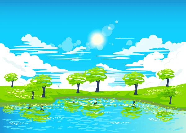 A beautiful landscape with blue sky, clouds, a flowering meadow, a beautiful lake and a tree reflected in it. The earth is beautiful. Take care of the environment. Vector.