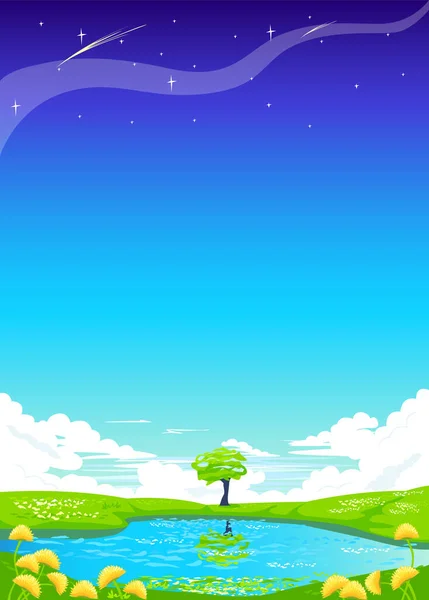 A beautiful landscape with blue skies turning into starry space, clouds, a flowering meadow, a beautiful lake and a tree reflected in it. The earth is beautiful. Take care of the environment. Vector.