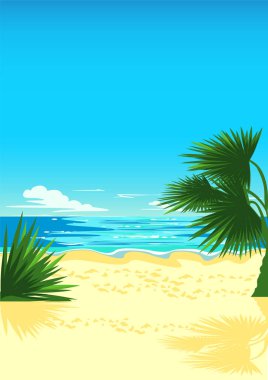 Tropical beach with palm tree and shining sea for screensaver, banner or poster. Summer vacation by the sea vector vertical background