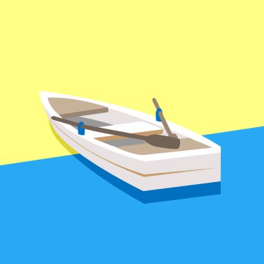 Vector illustration of a boat with oars on the beach in a minimalistic style. Summer recreation and entertainment. Colorful image of summer fun.
